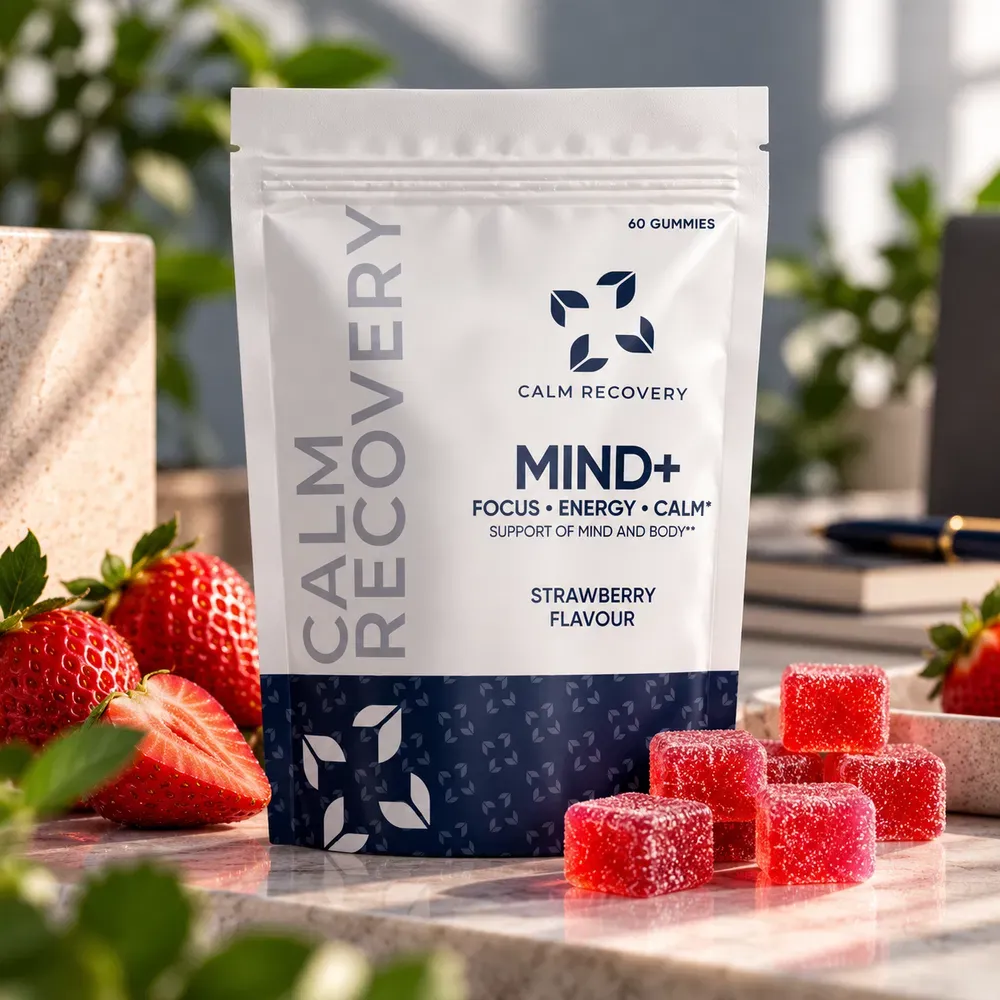 MIND+ strawberry gummies with strawberries