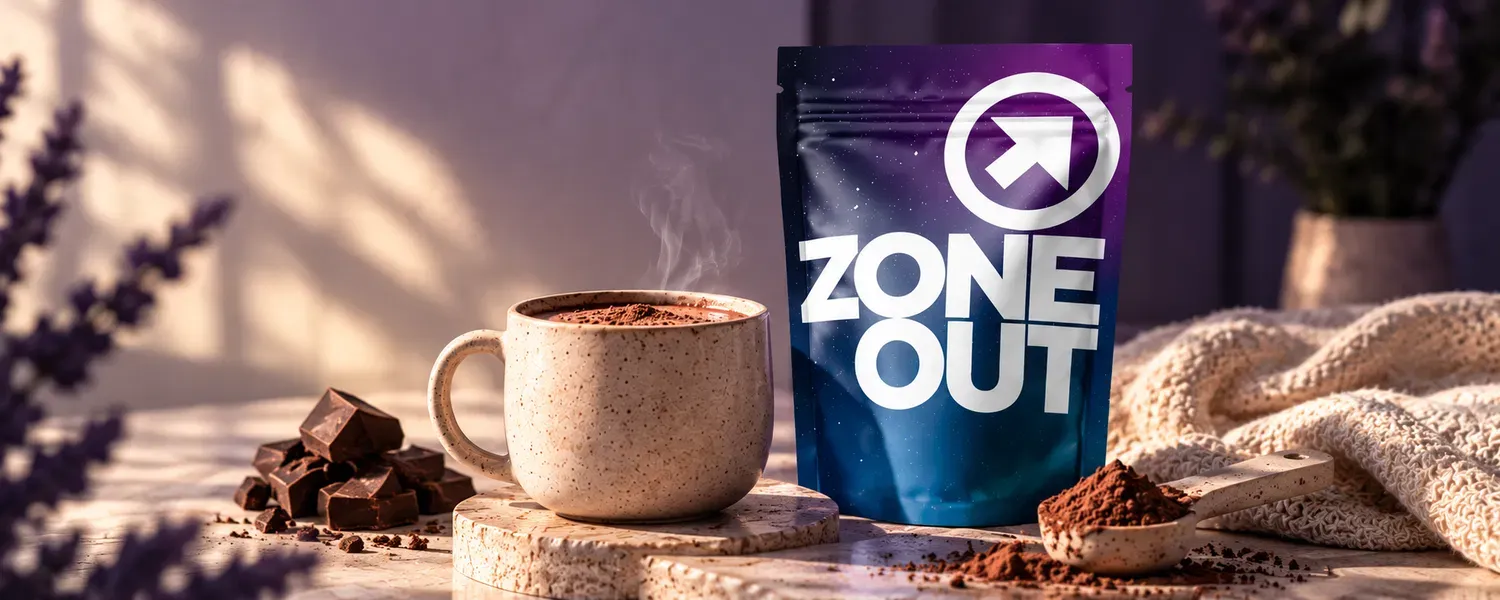 ZONE OUT functional hot chocolate beside a steaming mug